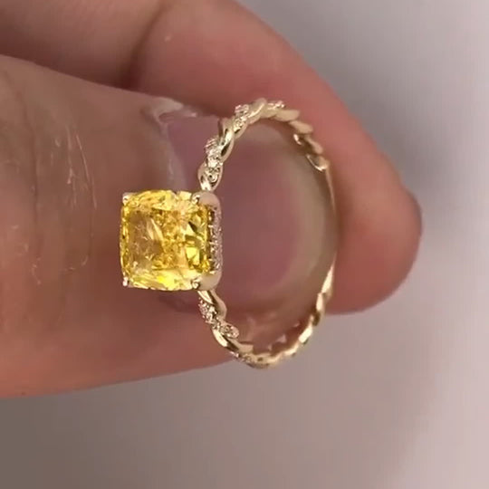 Yellow Zircon Twisted Ring Band Design Moissanite Engagement Ring