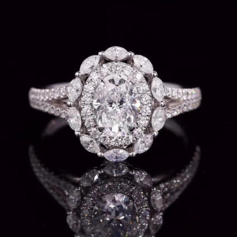 Oval Cut Halo Design Moissanite Engagement Ring