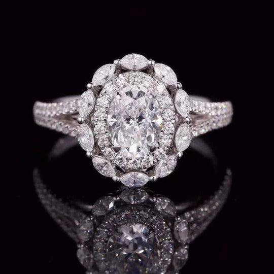 Oval Cut Halo Design Moissanite Engagement Ring