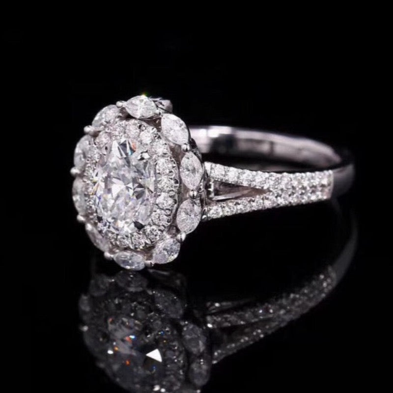 Oval Cut Halo Design Moissanite Engagement Ring