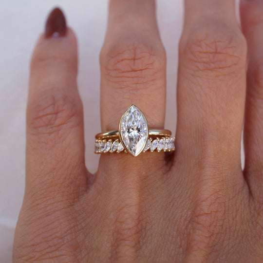 New Arrival 3CT Marquise Cut Moissanite Triple Stackable with Bezel Setting Ring Set