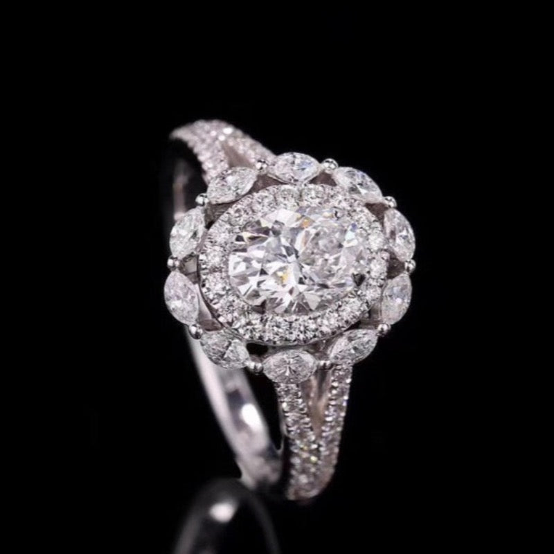Oval Cut Halo Design Moissanite Engagement Ring