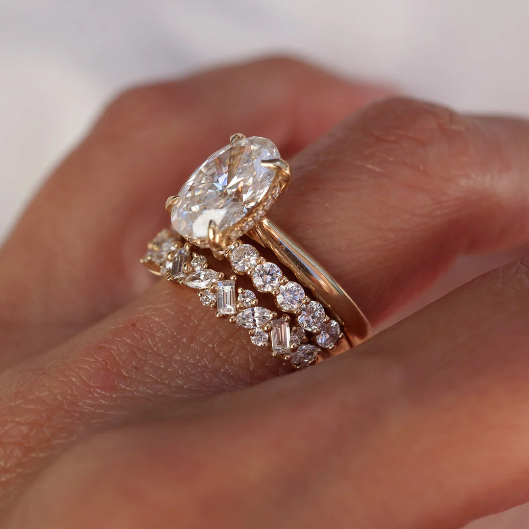New Arrival 3CT Oval Cut Moissanite Triple Stackable  with Hidden Accents Ring Set