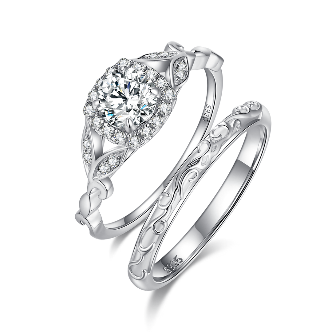 Round Cut Moissanite Engagement and Wedding Ring Set 6