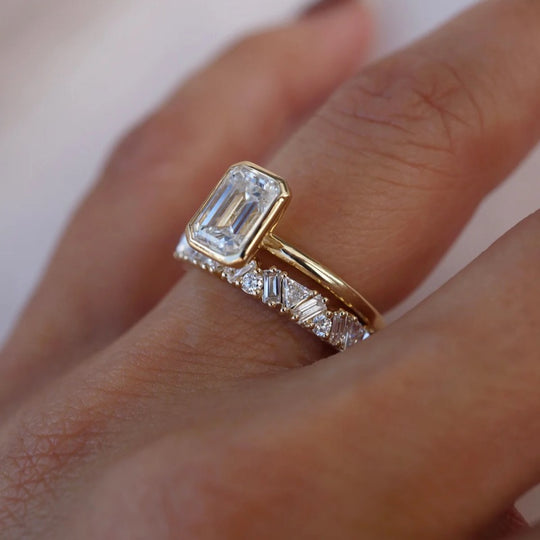 New Arrival 3CT Emerald Cut Moissanite Triple Stackable  with Bezel Setting Ring Set