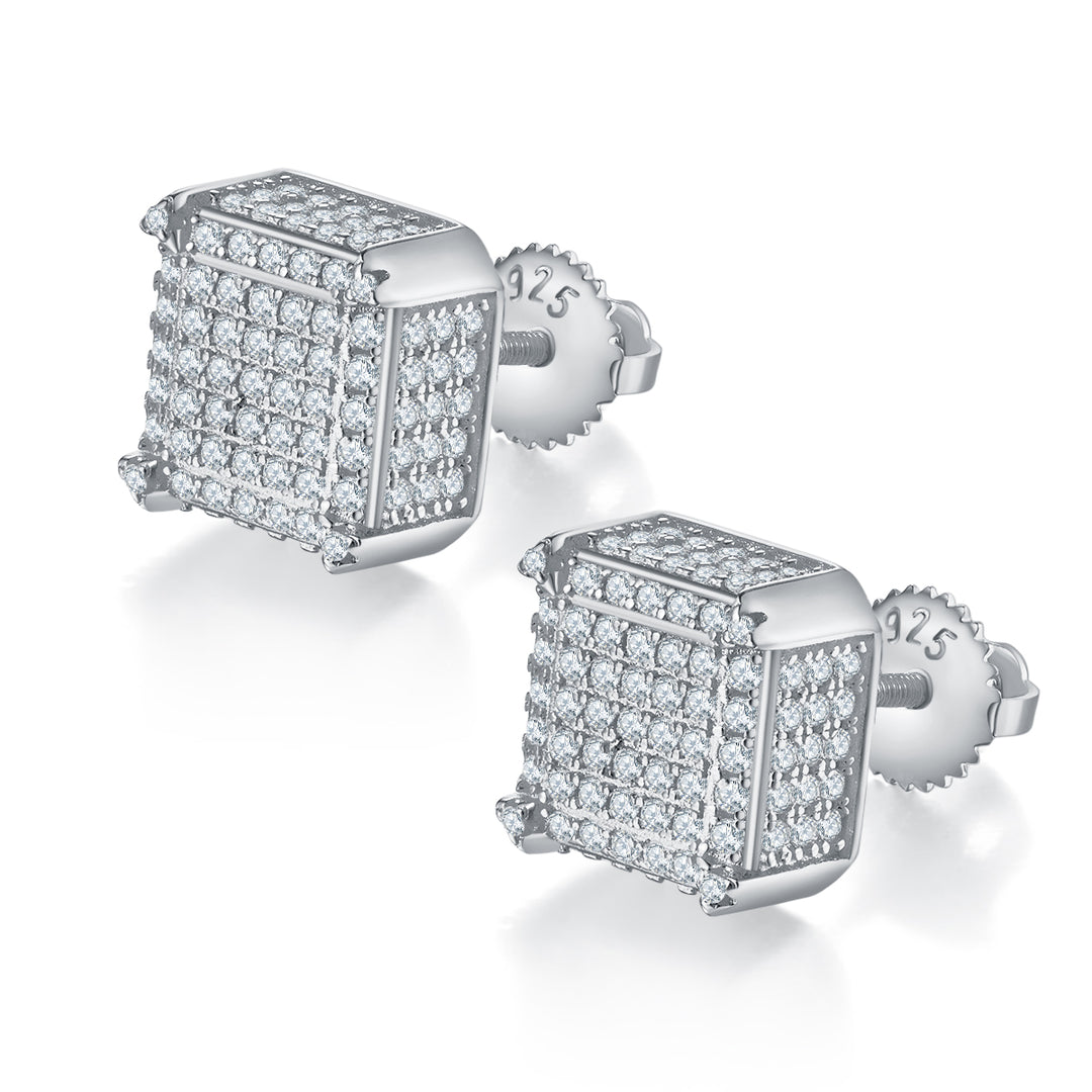 Square Side-Set S925 Silver Screw Back Stud Moissanite Earrings