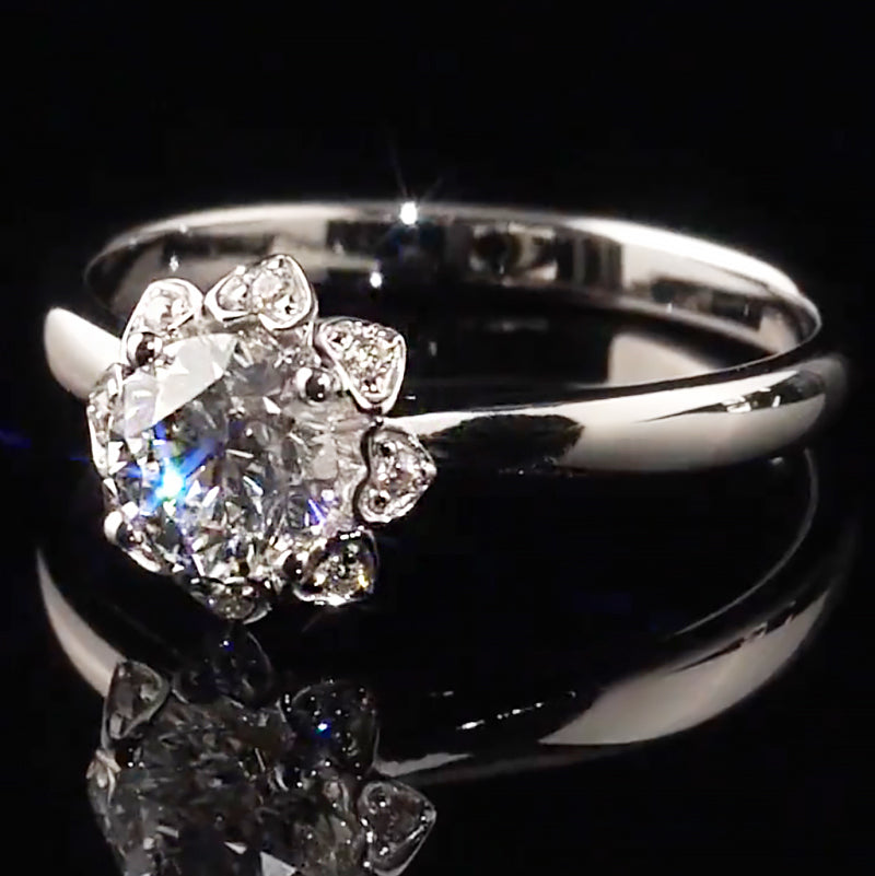 Floral Heart Halo Round Cut Moissanite Engagement Ring