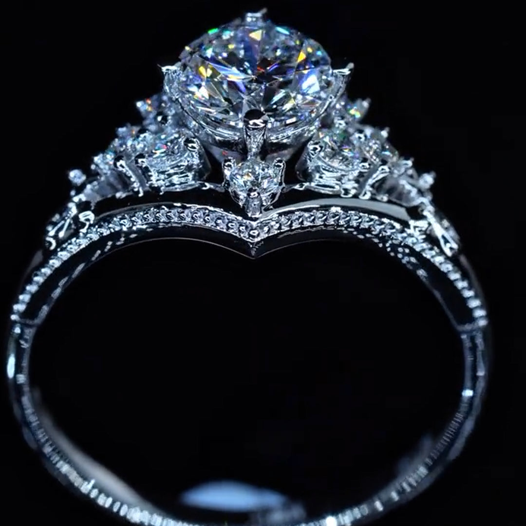 Crown Design Round Cut Moissanite Engagement Ring