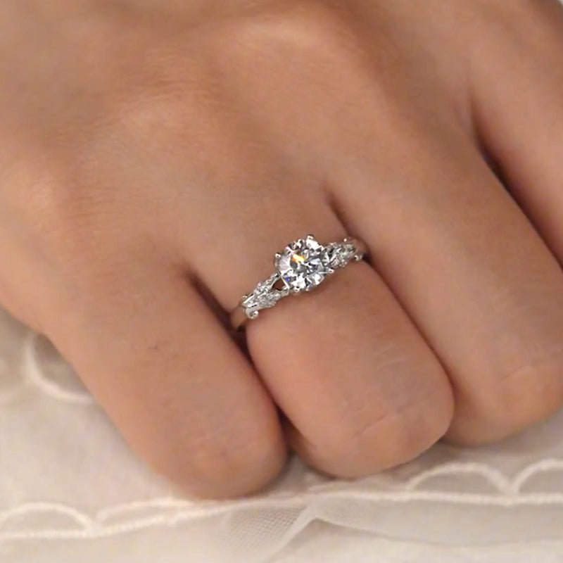 Scroll Accent Wave Pave Band Moissanite Engagement Ring