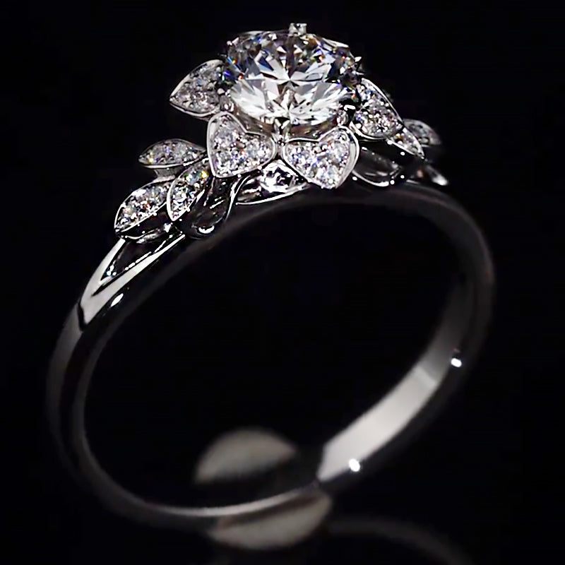 Floral Halo Leaf Accent Moissanite Engagement Ring