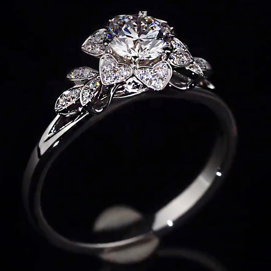 Floral Halo Leaf Accent Moissanite Engagement Ring