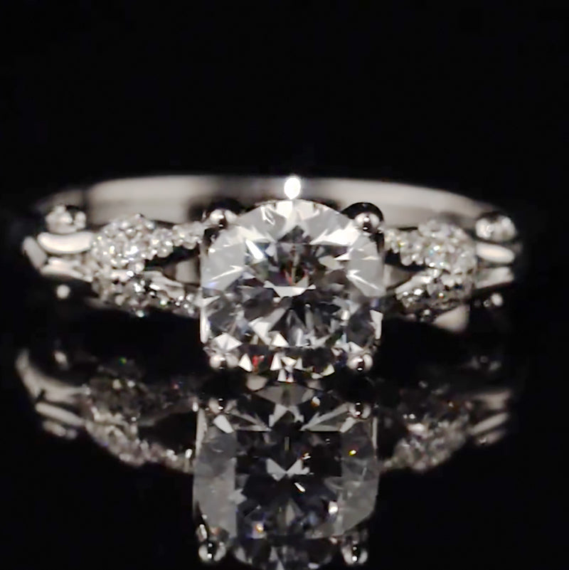 Scroll Accent Wave Pave Band Moissanite Engagement Ring