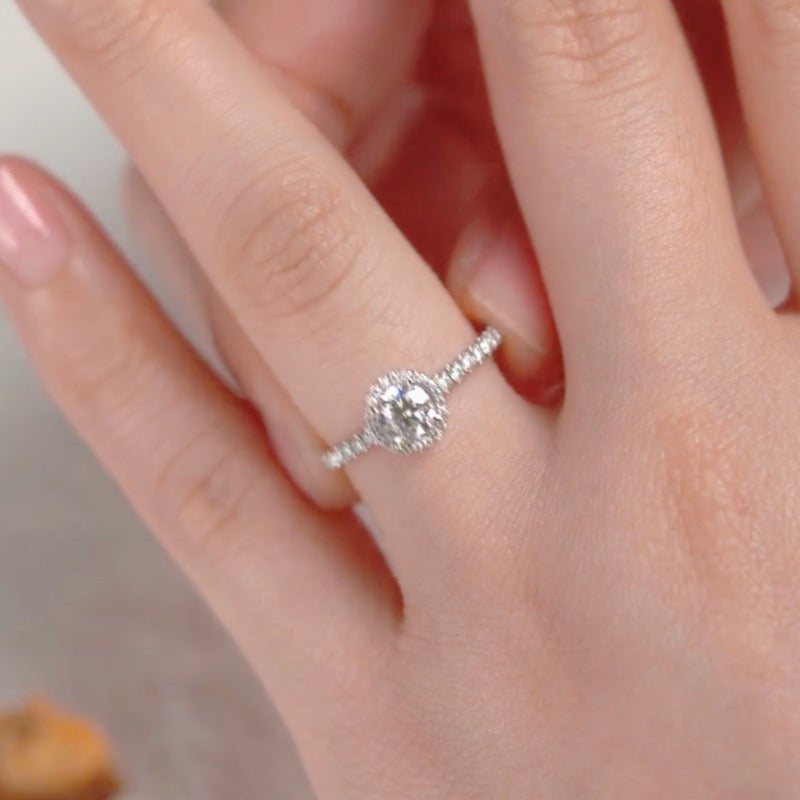Classic Full Diamond Halo Round Moissanite Engagement Ring