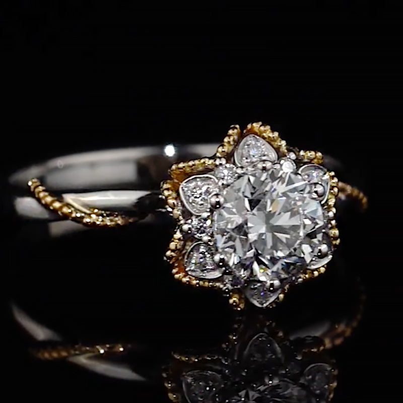 Two-Tone Floral Halo Milgrain Moissanite Engagement Ring
