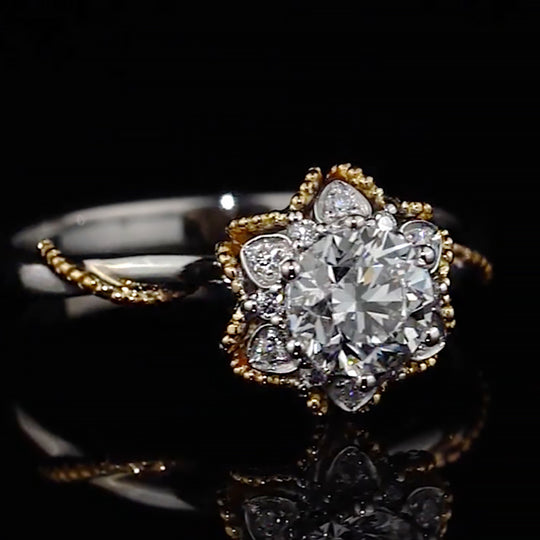 Two-Tone Floral Halo Milgrain Moissanite Engagement Ring