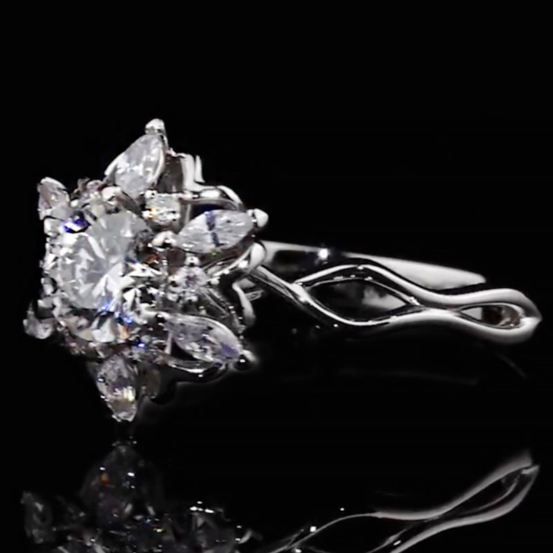 Marquise Floral Halo Twist Shank Round Cut Moissanite Engagement Ring