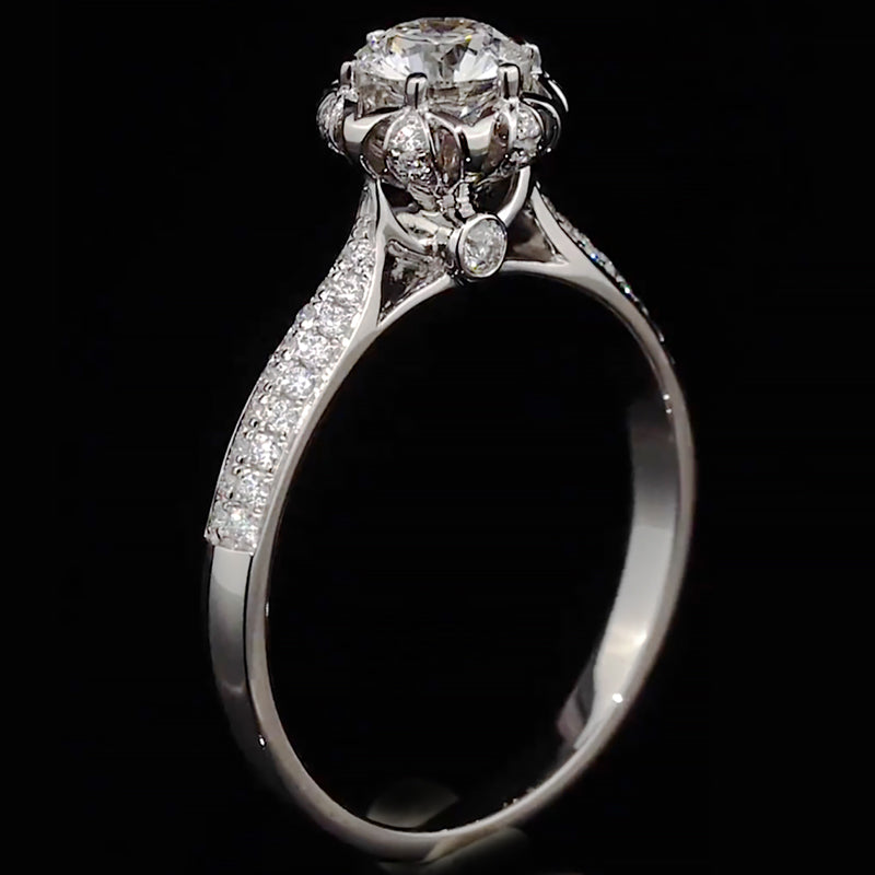 Lotus Crown Silhouette Pave Band Moissanite Engagement Ring