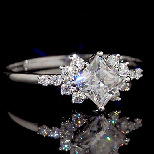 Princess Cut Starburst Halo Moissanite Engagement Ring