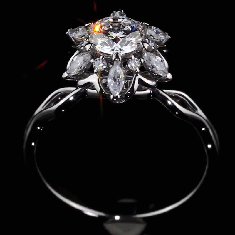 Marquise Floral Halo Twist Shank Round Cut Moissanite Engagement Ring