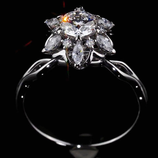Marquise Floral Halo Twist Shank Round Cut Moissanite Engagement Ring