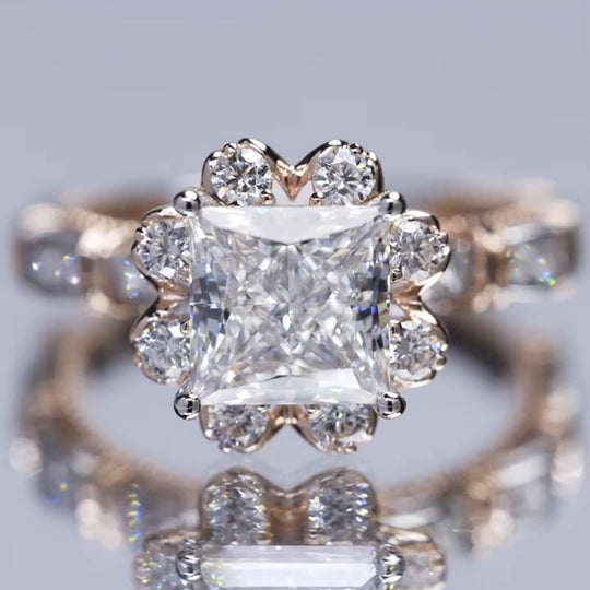 New Arrived Flower Design Princess Cut Moissanite Engagement Ring