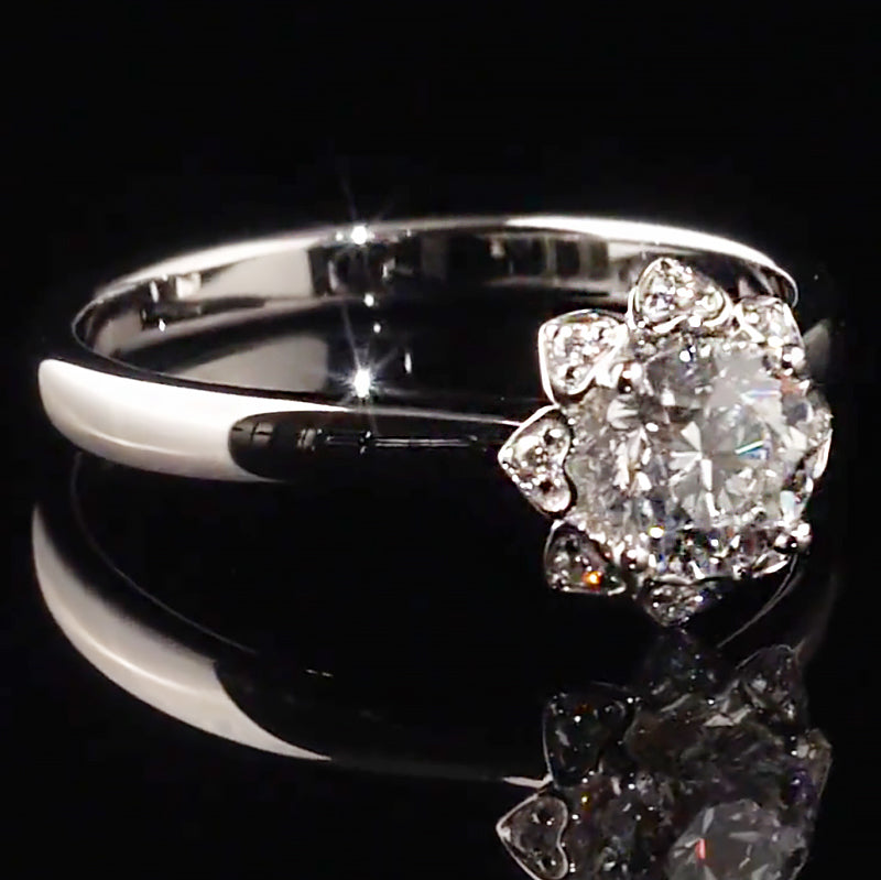 Floral Heart Halo Round Cut Moissanite Engagement Ring
