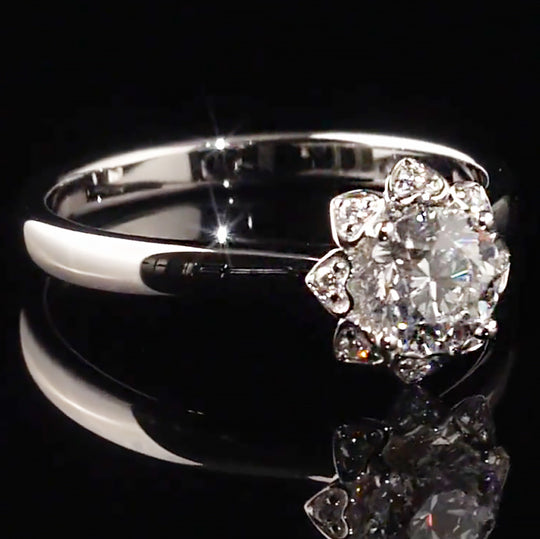 Floral Heart Halo Round Cut Moissanite Engagement Ring
