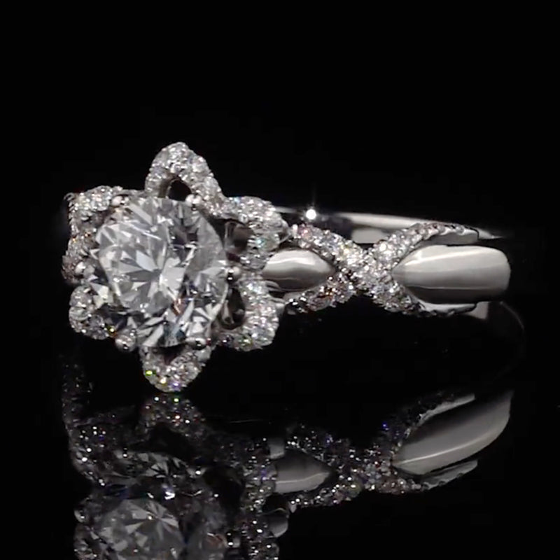 Rose & Bow Tie Halo Round Cut Moissanite Engagement Ring