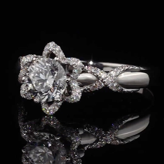Rose & Bow Tie Halo Round Cut Moissanite Engagement Ring