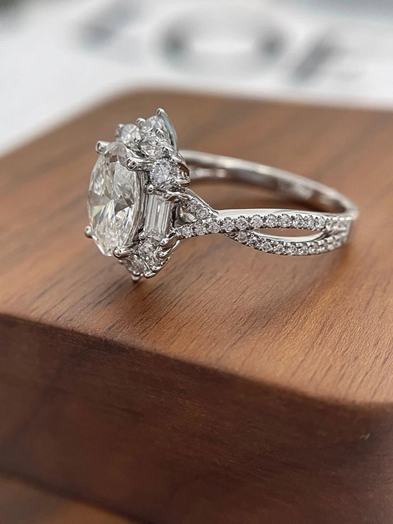 Twisted Arm Design Oval Cut Moissanite Engagement Ring