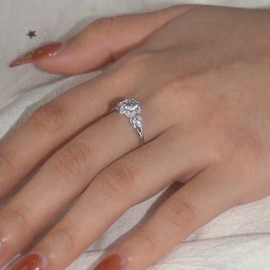 Floral Halo Leaf Accent Moissanite Engagement Ring