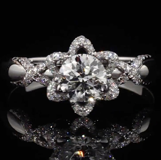 Rose & Bow Tie Halo Round Cut Moissanite Engagement Ring