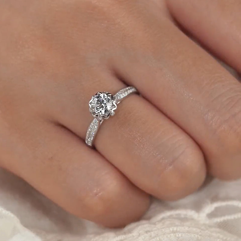 Lotus Crown Silhouette Pave Band Moissanite Engagement Ring