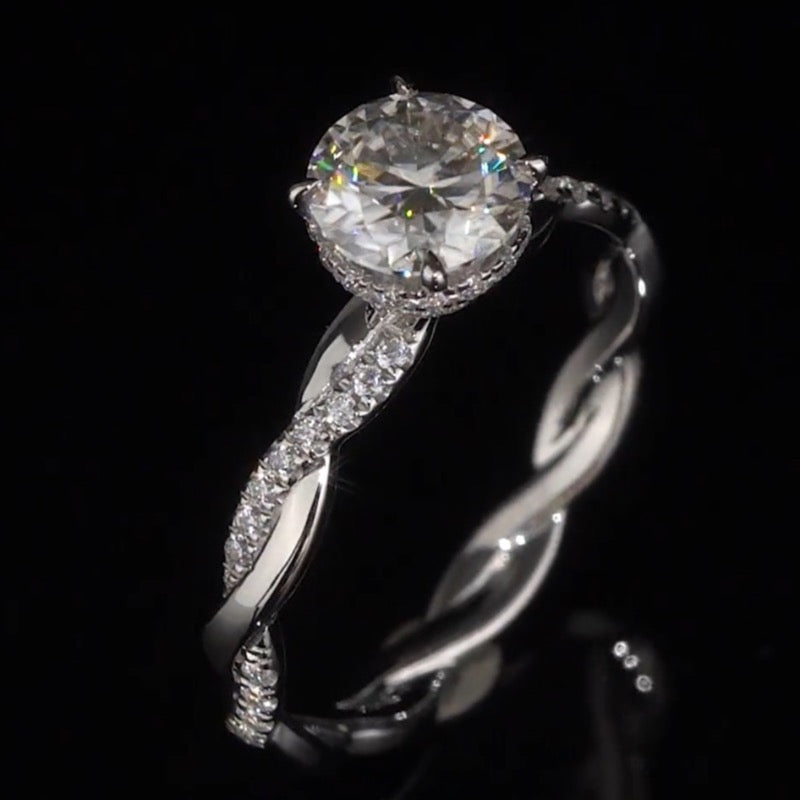 Twist Band Hidden Halo Design Moissanite Engagement Ring