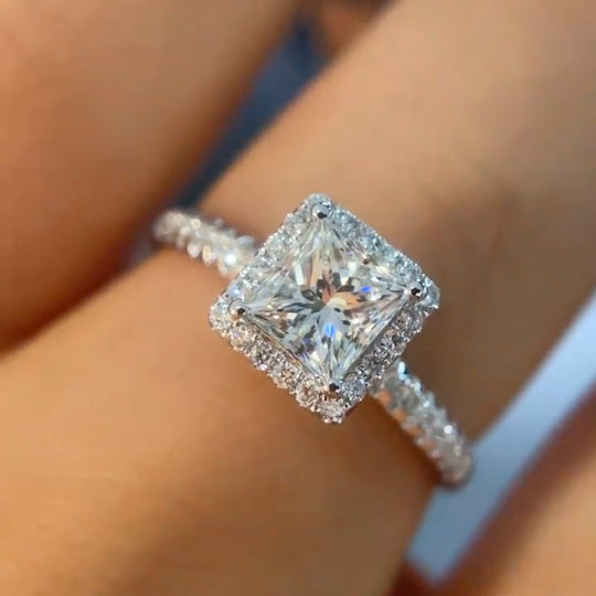 Halo Design Princess Cut Moissanite Engagement Ring