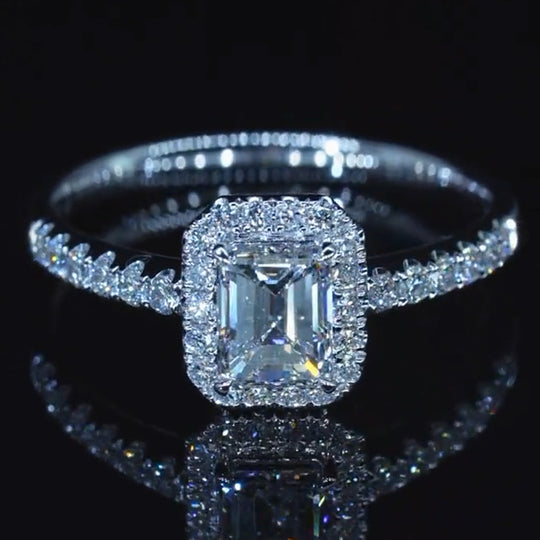 Emerald Cut Halo Design Side Stone  Moissanite Engagement Ring