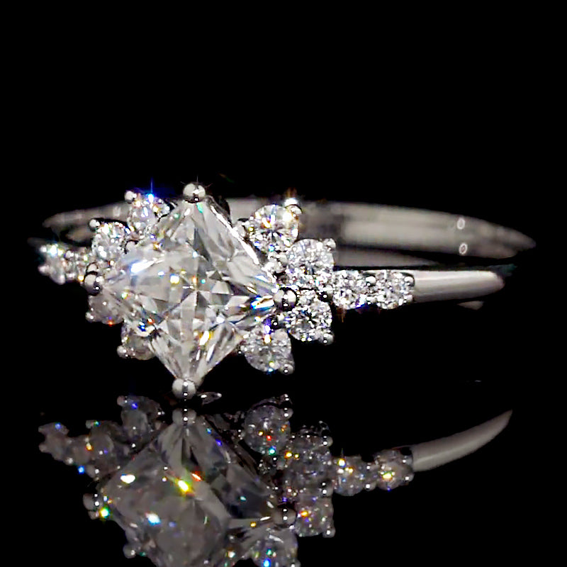 Princess Cut Starburst Halo Moissanite Engagement Ring