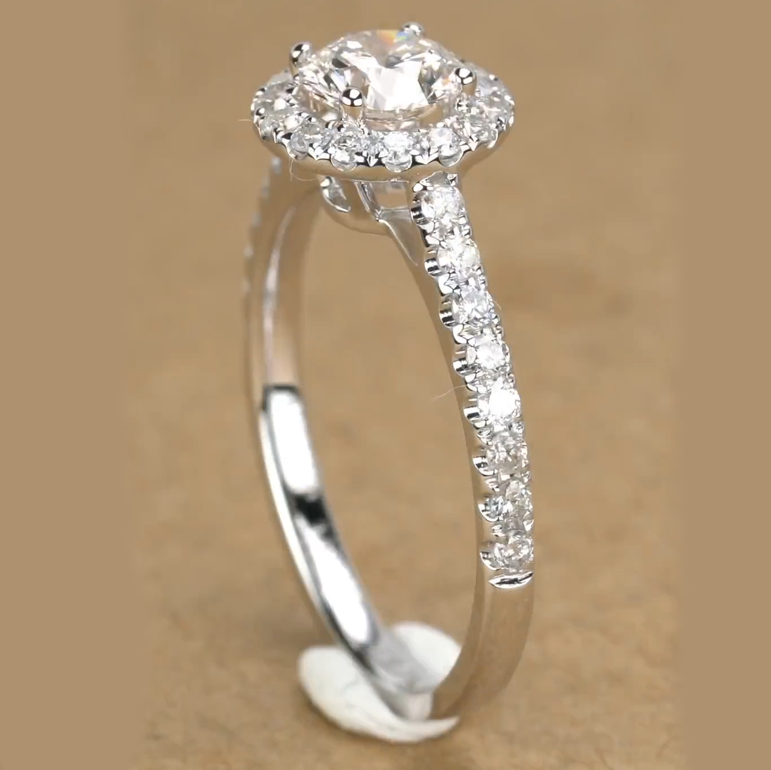 Round Accent Classic Halo Design Moissanite Engagement Ring