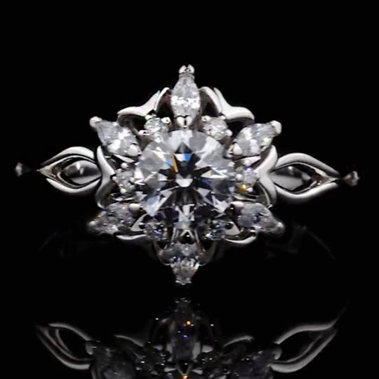 Marquise Floral Halo Twist Shank Round Cut Moissanite Engagement Ring