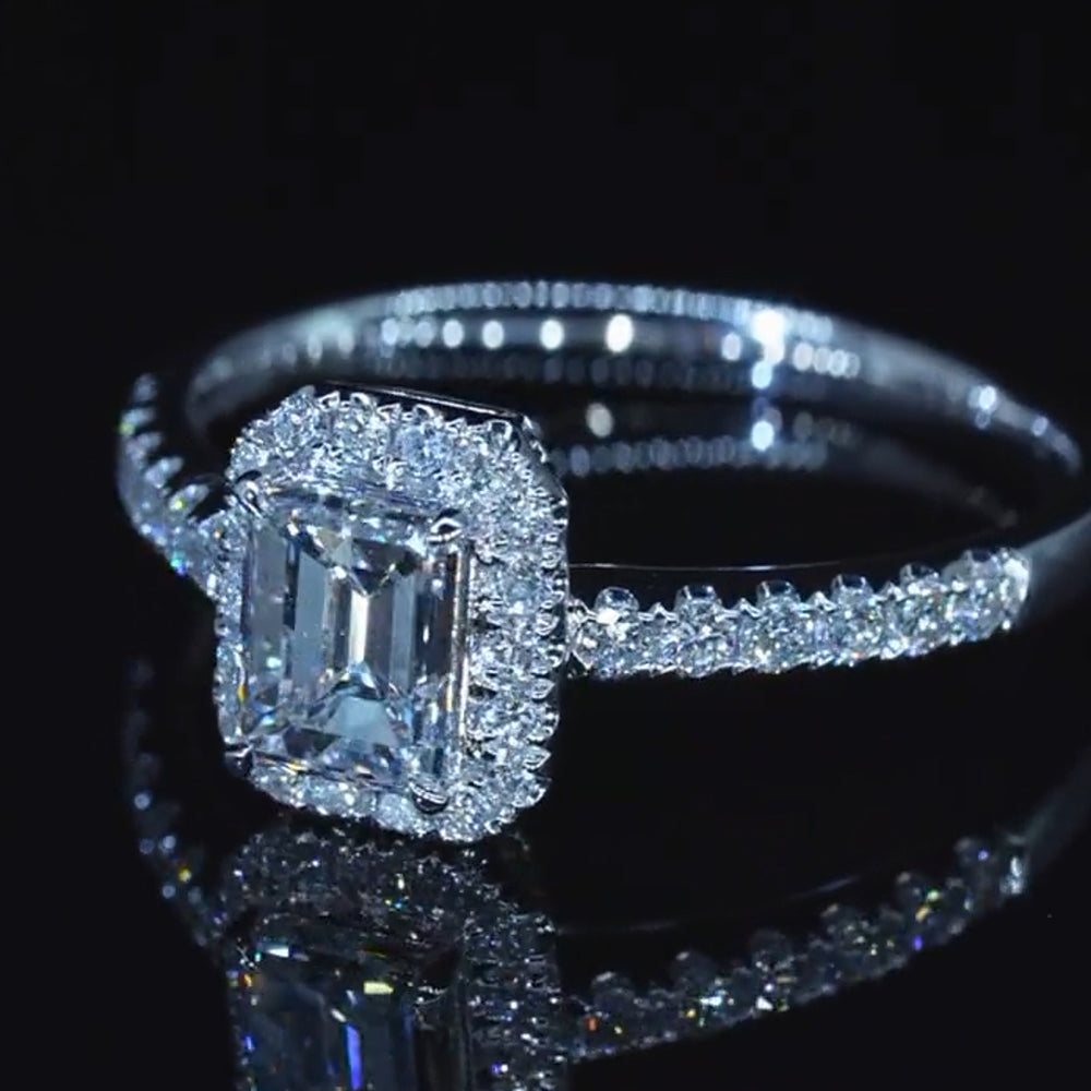 Emerald Cut Halo Design Side Stone  Moissanite Engagement Ring