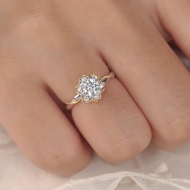 Two-Tone Floral Halo Milgrain Moissanite Engagement Ring