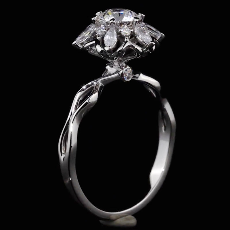 Marquise Floral Halo Twist Shank Round Cut Moissanite Engagement Ring