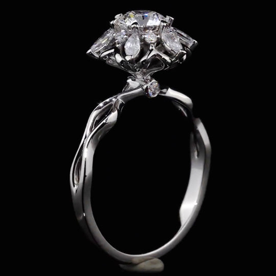 Marquise Floral Halo Twist Shank Round Cut Moissanite Engagement Ring