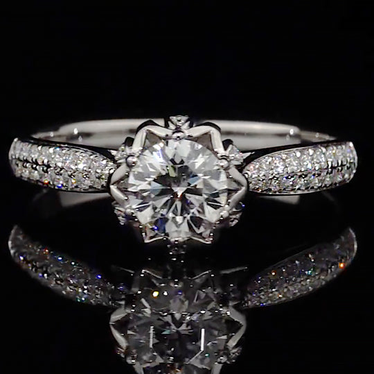 Lotus Crown Silhouette Pave Band Moissanite Engagement Ring