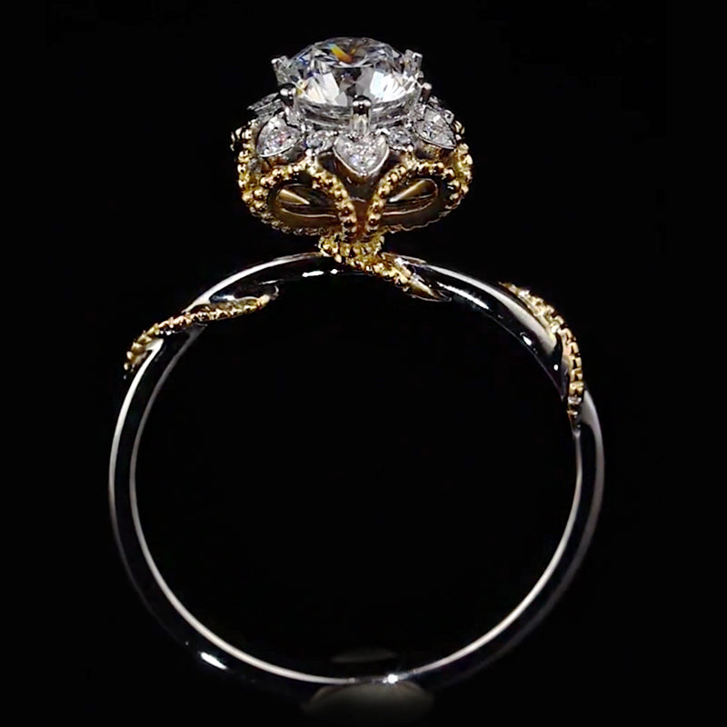Two-Tone Floral Halo Milgrain Moissanite Engagement Ring