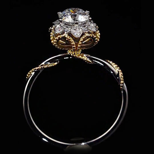 Two-Tone Floral Halo Milgrain Moissanite Engagement Ring