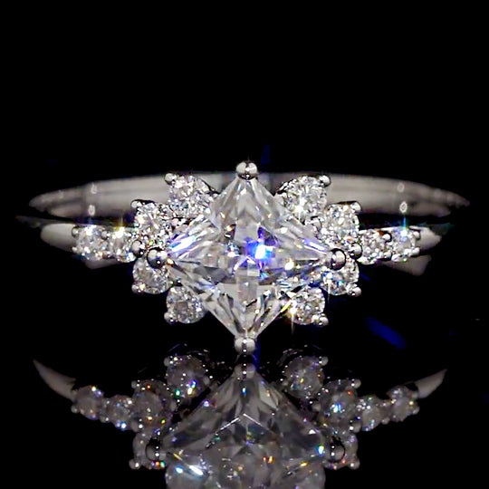 Princess Cut Starburst Halo Moissanite Engagement Ring