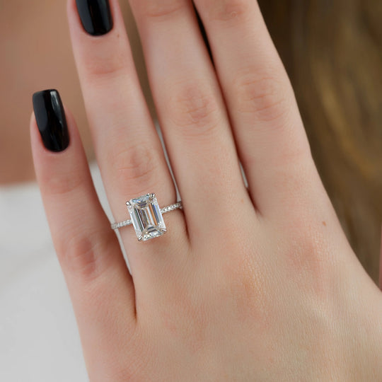 3CT Emerald Cut Hidden Halo Side Stones Moissanite Engagement Ring