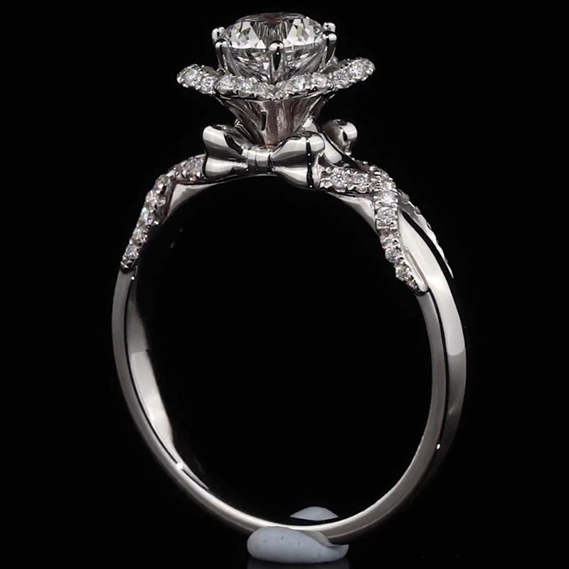 Rose & Bow Tie Halo Round Cut Moissanite Engagement Ring