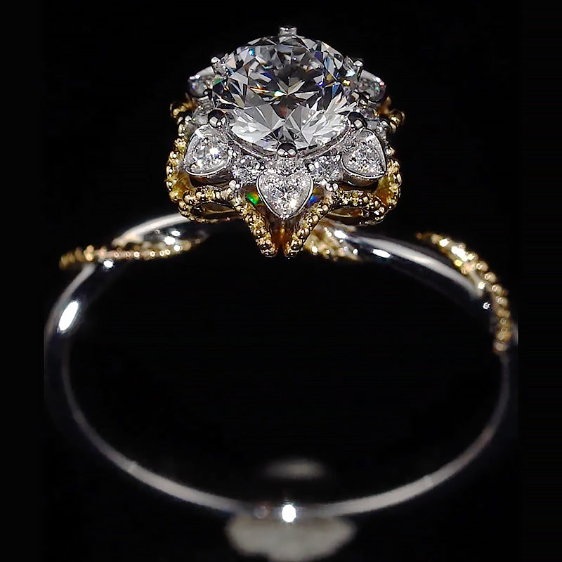 Two-Tone Floral Halo Milgrain Moissanite Engagement Ring